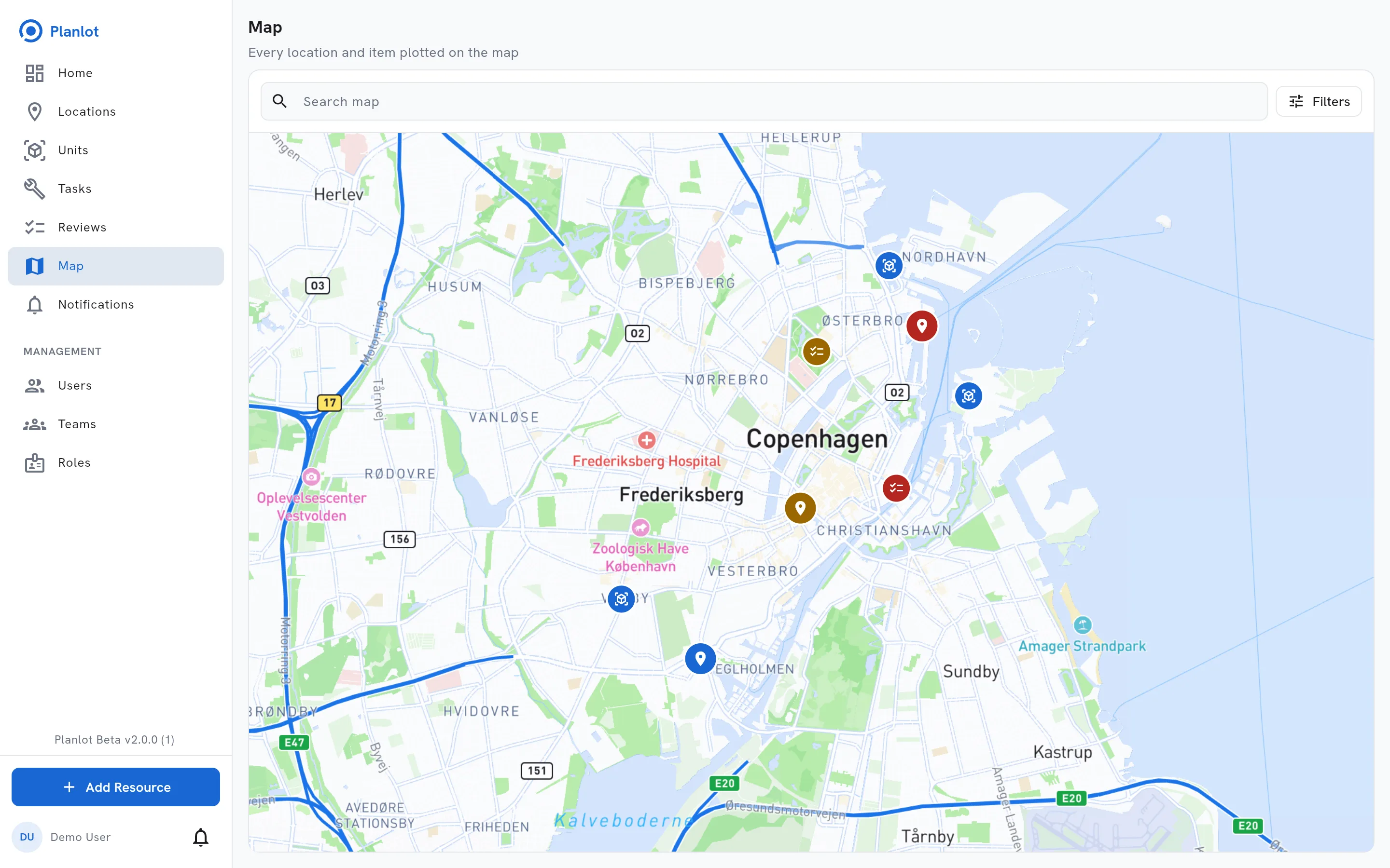 The Planlot map of Copenhagen with markers for three locations, three standalone units and two standalone inspections, coloured red for overdue work, yellow for work due today and blue for work on schedule.
